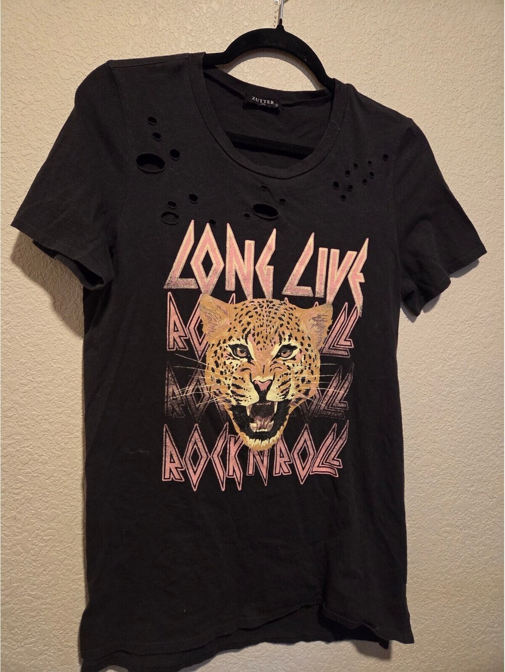 Zutter Black Distressed Graphic Tee Leopard Print and Long Live Rock N Roll, S